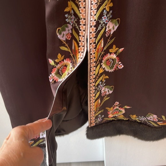 Sue Wong Vintage Embroidered Silk Duster Coat Faux Fur Floral Size 10. Neimans - Picture 7 of 8